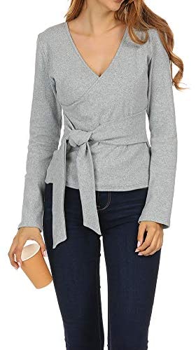 Zumla Women Tops Long Sleeve Casual Fall Sexy Wrap V Neck Blouse for Work Tie Front