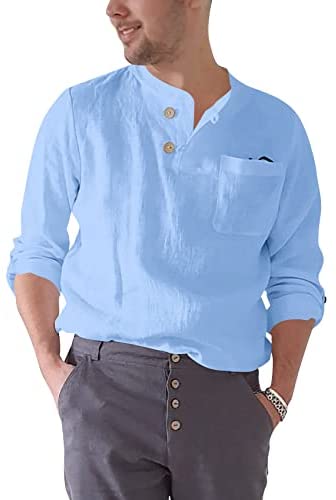 Men's Long Sleeve Cotton Linen Blend Henley Shirt Lightweight Solid Breathable Casual Shirts Tops