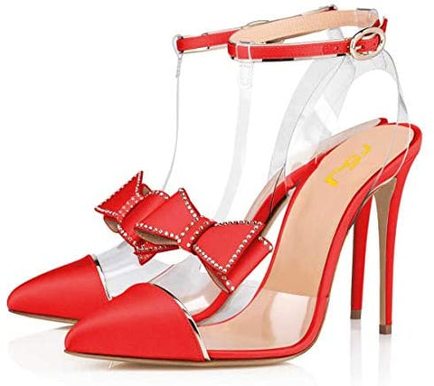 FSJ Women Clear T Strap Pointed Toe Stiletto High Heels Dress Pumps Sandals with Rhinestones Studded Bows Size 4-15 US
