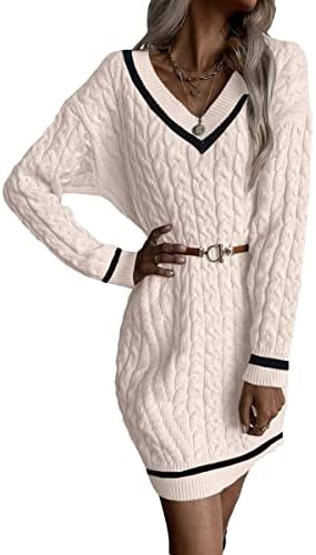 Dyexces Womens Cable Knit Sweater Dress Long Sleeve V Neck Mini Knit Dresses Without Belt Loose Casual Sweaters