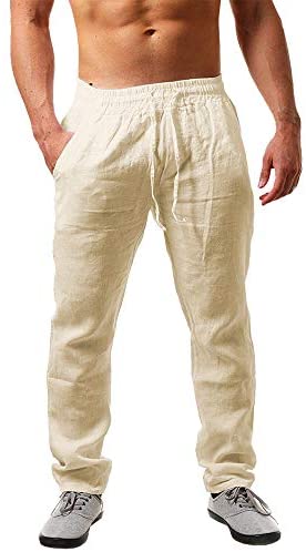 Karlywindow Mens Linen Pants Casual Loose Lightweight Drawstring Elastic Waist Summer Yoga Beach Trousers