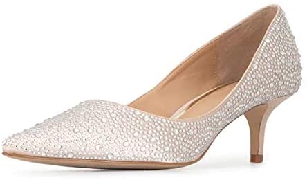 FSJ Women Fashion Pointed Toe Low Thin Heel Pumps Slip on Rhinestones Bridal Wedding Shoes