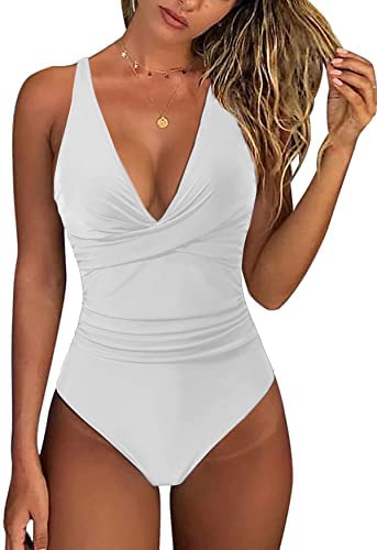Zwurew Women One Piece V Neck Print Swimwear Swimsuit Solid Bodysuit Monokini Bather Bathing Beachwear