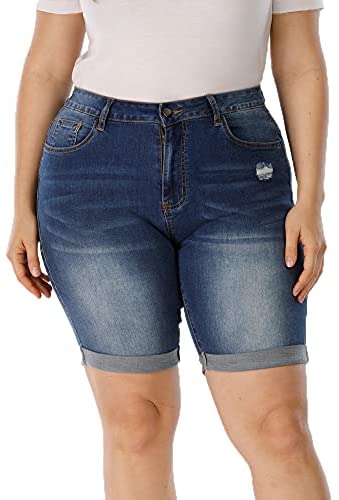 Plus Size Denim Shorts Women High Waisted Ripped Folded Hem Jean Shorts