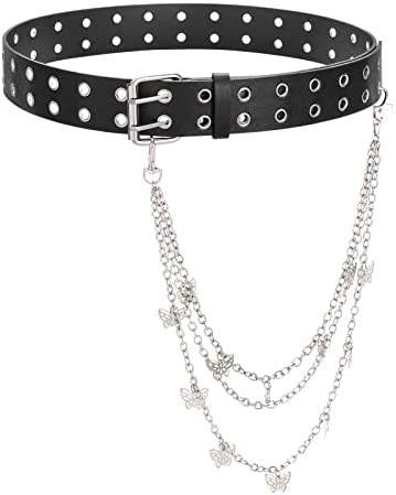 Double Grommet PU Leather Belt for Women/Men Punk metal Jean Belt Wide 1.5 Inch