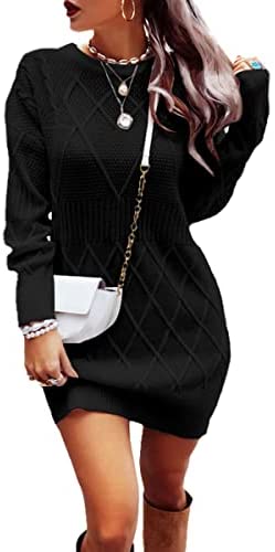 Womens Sweater Dress Long Sleeve Diamond Knit Pullover Sexy Slim Fit Crewneck Mini Dress