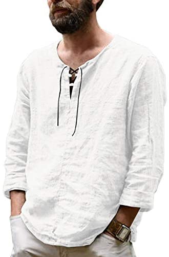 Men's Cotton Linen Henley Shirt Long Sleeve Drawstring Casual V Neck Lace-Up Plain Tops