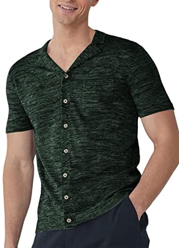 Mens Button Down Shirts Knitted Short Sleeve Casual Lapel V Neck Loose Fit Lightweight Tops with Chest Pocket