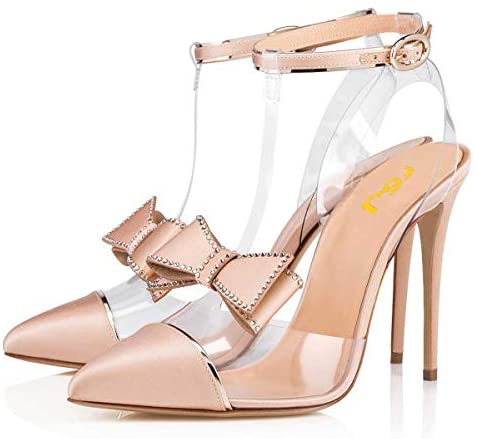FSJ Women Clear T Strap Pointed Toe Stiletto High Heels Dress Pumps Sandals with Rhinestones Studded Bows Size 4-15 US