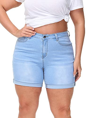 Plus Size Denim Shorts Women High Waisted Ripped Folded Hem Jean Shorts