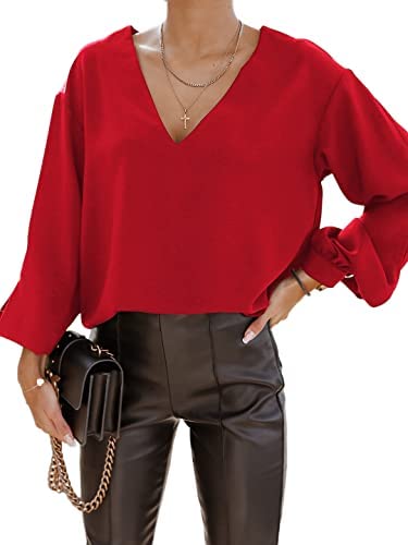 Zwurew Women's V-Neck Long Sleeves Elegant Blouse Solid Casual Office Workwear Basic Tunic Tops