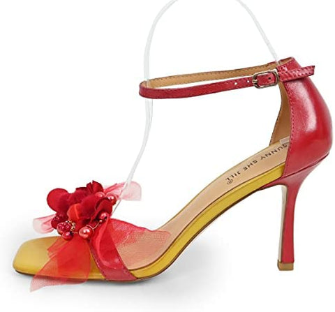 FSJ Women High Heels Sandals Stiletto Ankle Strap Open Square Toe Special Dress Evening Unique Flowers Shoes Size 4-15 US