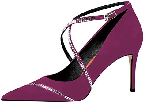 FSJ Women's Pointed Toe High Heels Pumps Crisscross Strappy Crystal Rhinestones Pumps Ladies Ankle Buckle Strap Dress Party Shoes Size 4-15 US