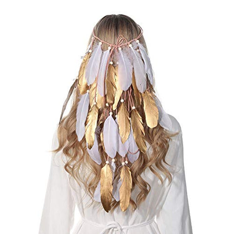 Hippie Headband Feather Dreamcatcher Headdress - AWAYTR Boho Feather Headwear Feather Headpiece Hippie Peacock Feather Festival Hair Band (Brown)