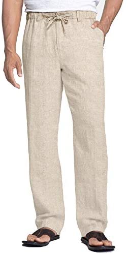 Men's Linen Pants Casual Elastic Waist Drawstring Beach Trousers