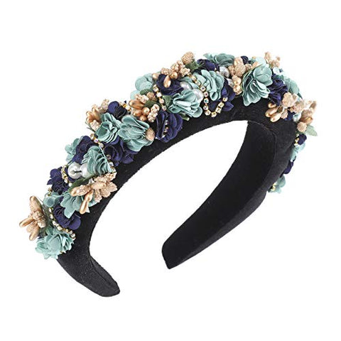 AWAYTR Velvet Padded Pearl Embellished Headband Large Padded Velvet Races Goth Wedding Headpiece for Women (black-1)