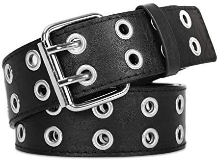Double Grommet PU Leather Belt for Women/Men Punk metal Jean Belt Wide 1.5 Inch
