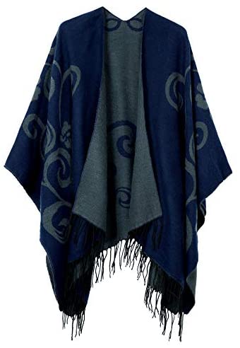 Women's Printed Tassel Open front Poncho Cape Wrap Shawl