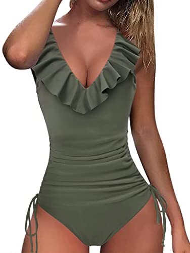 Zwurew Women Deep V Neck Ruffled Drawstring Swimwear One Piece Swimsuit Solid Bodysuit Monokini Bather Bathing Suit Beachwear