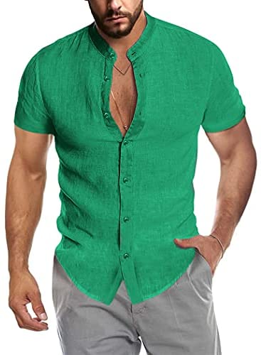 Men's Casual Cotton Shirts Mandarin Collar Short Sleeve Button Down Shirt