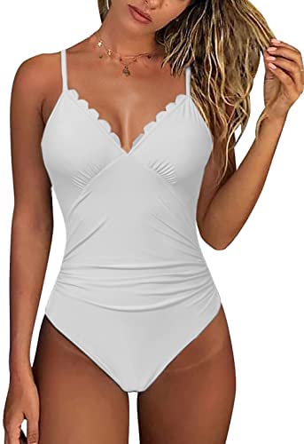 Zwurew Women Scallop Trimmed One Piece Swimsuit Solid Swimwear Monokini Bather Bathing Suit Beachwear