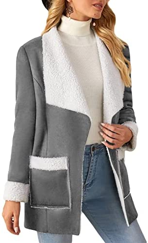 Women's Open Front Long Sleeve Blends Coat Lapel Casual Solid Color Fashion Outwear with Pockets