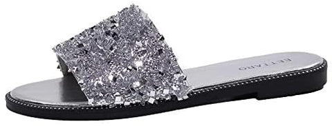 EETTARO Women's Glitter Shiny Slide Sandals Sparkle Fancy Flat Slippers Slip-on Jeweled Shoes