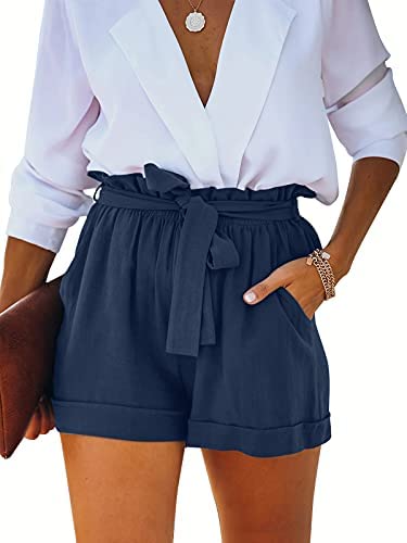 Womens Cotton Linen High Waisted Paper Bag Shorts Lightweight Summer Beach Lounge Shorts with Pockets