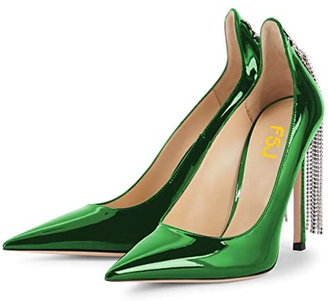 FSJ Women Stylish Rhinestone Chain Pumps Sexy Pointy Toe Stiletto High Heel Party Slip On Swallow Tailed Tassel Dress Prom Bridal Shoes Size 4-15 US