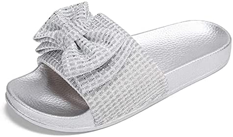Comfort Flat Sandals for Women Cute Glitter Bow Casual Beach Slip On Dress Shoes Fashion Platform Footbed Slide Slippers Open Toe