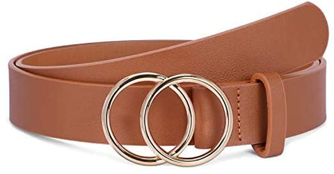 Women’s Leather Ring Belt for Jean, Mothers Day Gifts Double Circle Buckle Belts