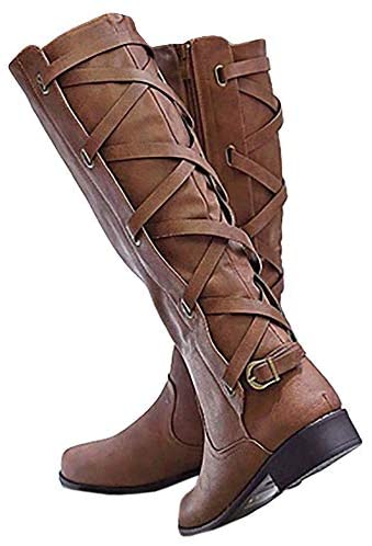 Womens Buckle Knee High Boots Riding Strappy Lace Up Pleated Low Heel Combat Boots