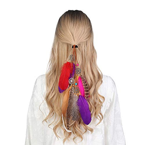 Hippie Headband Feather Dreamcatcher Headdress - AWAYTR Boho Feather Headwear Feather Headpiece Hippie Peacock Feather Festival Hair Band (Brown)