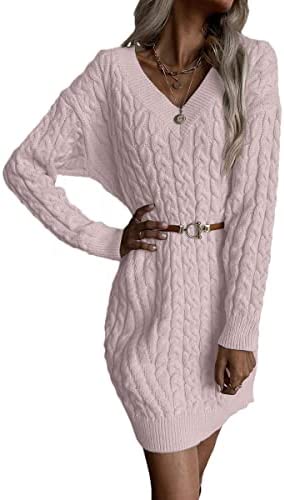 Dyexces Womens Cable Knit Sweater Dress Long Sleeve V Neck Mini Knit Dresses Without Belt Loose Casual Sweaters