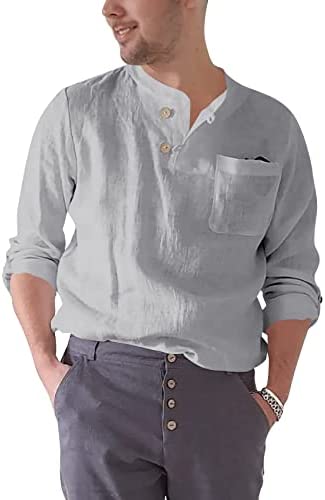 Men's Long Sleeve Cotton Linen Blend Henley Shirt Lightweight Solid Breathable Casual Shirts Tops