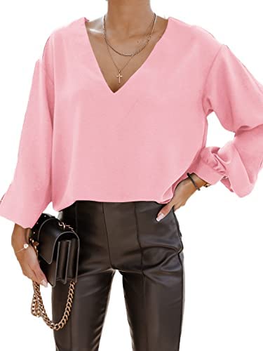 Zwurew Women's V-Neck Long Sleeves Elegant Blouse Solid Casual Office Workwear Basic Tunic Tops
