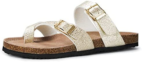 mysoft Women's Cork Footbed Sandal Slip On, Double Buckle Slide Sandals with +Comfort Arch Support