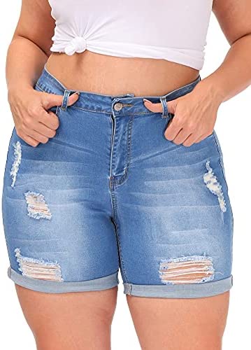 Plus Size Denim Shorts Women High Waisted Ripped Folded Hem Jean Shorts