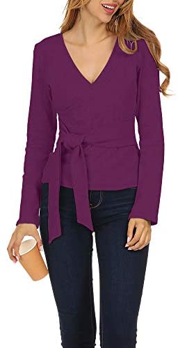 Zumla Women Tops Long Sleeve Casual Fall Sexy Wrap V Neck Blouse for Work Tie Front