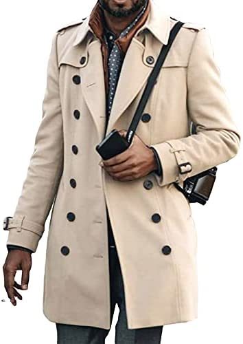 Mens Long Double Breasted Trench Coat Notch Lapel Collar Solid Color Windbreaker Waterproof Jacket Overcoat Outwear