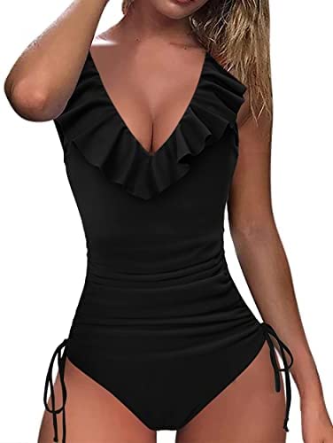 Zwurew Women Deep V Neck Ruffled Drawstring Swimwear One Piece Swimsuit Solid Bodysuit Monokini Bather Bathing Suit Beachwear