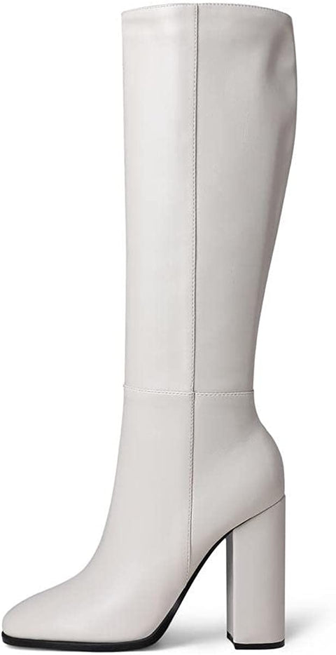 WAYDERNS Women's Solid Microfiber Round Toe Zip Thick Block High Heel Knee High Boots 4 Inch
