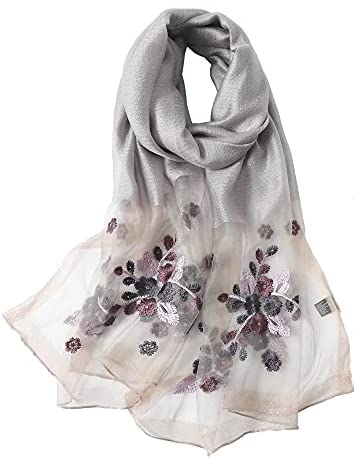 WINCESS YU Women Mulberry Silk Scarf Lightweight Embroidered Floral Shawl Wraps Beach Gauze Blanket Shawl for All Season