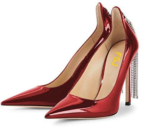 FSJ Women Stylish Rhinestone Chain Pumps Sexy Pointy Toe Stiletto High Heel Party Slip On Swallow Tailed Tassel Dress Prom Bridal Shoes Size 4-15 US