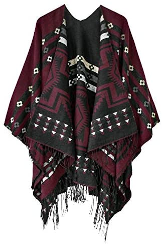 Women's Printed Tassel Open front Poncho Cape Wrap Shawl