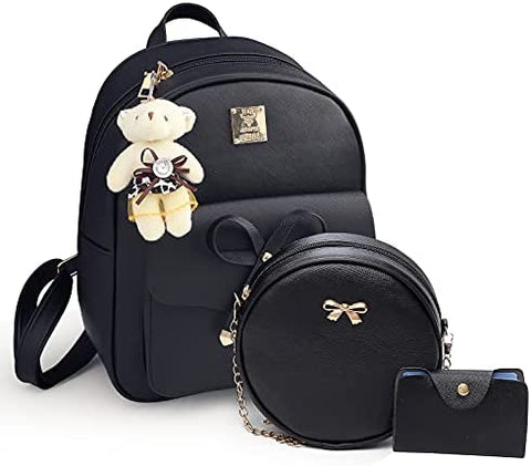 Aogist Mini Leather Backpack Purse 3-Pieces Fashion Bowknot Zipper Bags Cute Casual Travel Daypacks for Girls and Women (Black)