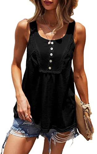 Womens Tank Tops Scoop Neck Waffle Sleeveless Vest Summer Solid Color Lace Cami Tees Shirts