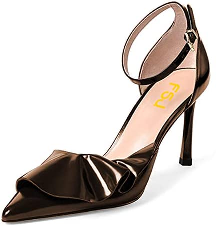 FSJ Women Fashion High Stiletto Heel Pumps Ankle Strap Adjustable Buckle Sandals Pointed Closed Toe Patent Leather Ladies Girls Prom Party Summer Dress Shoes with Ruffles Size 4-15 US
