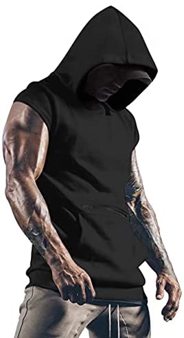 Men's Workout Hooded Tank Top Gym Muscle Cut Off Sleeve Bodybuilding Vest