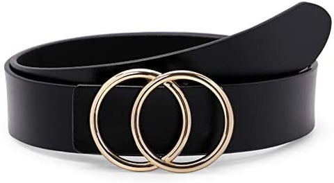 Women’s Leather Ring Belt for Jean, Mothers Day Gifts Double Circle Buckle Belts